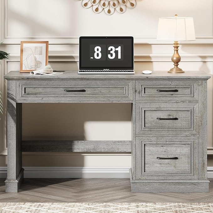 Farmhouse 47 Executive Desk Computer Desk with Drawers and File Drawer Workstation Computer Desk with Charging Station for Home Office Study (Grey)