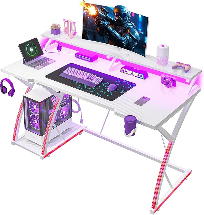 48 inch Gaming Desk with LED Lights &amp Power Outlet Computer Desk with Monitor Shelf &amp Mouse Pad &amp Cup Holder Ergonomic Carbon Fiber Gaming Table PC Work Home Office Desks PC TableWhite
