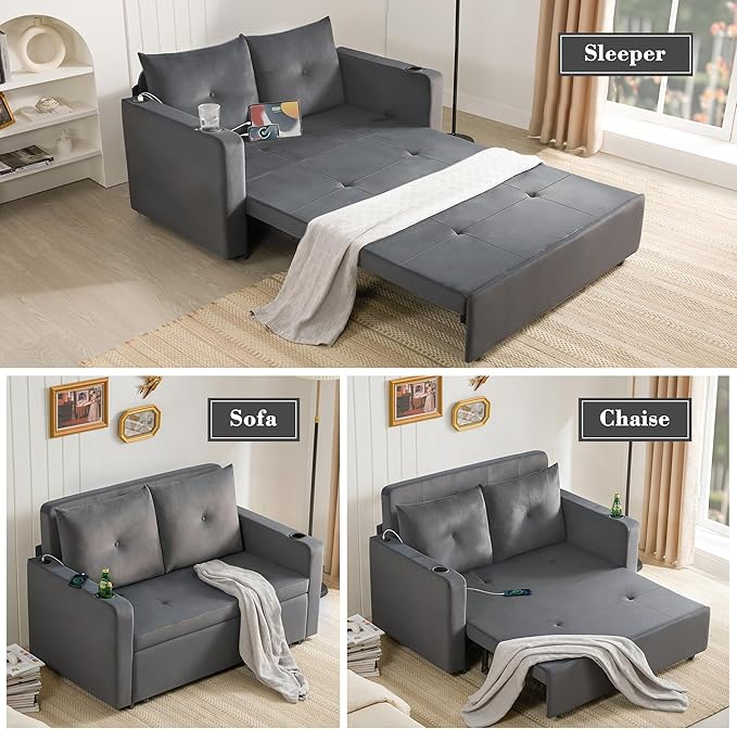 3 in 1 Pull Out Couch 56 Inch Velvet Sofa Bed Convertible Loveseat Sleeper Sofa for Living Room Small Space Upholstered Couch Bed with USB Cup Holder(Grey)