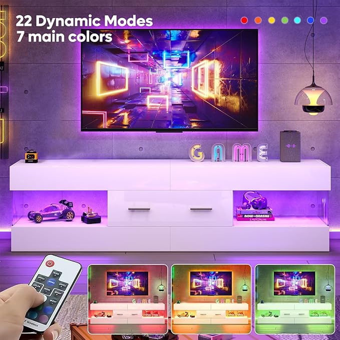 Bestier TV Stand for 55/60/65 Inch TV High Gloss Modern TV Stand with Stone-Patterned Side Panels LED Entertainment Center with Large Drawer TV Consoles for Living Room Bedroom (Glossy White)