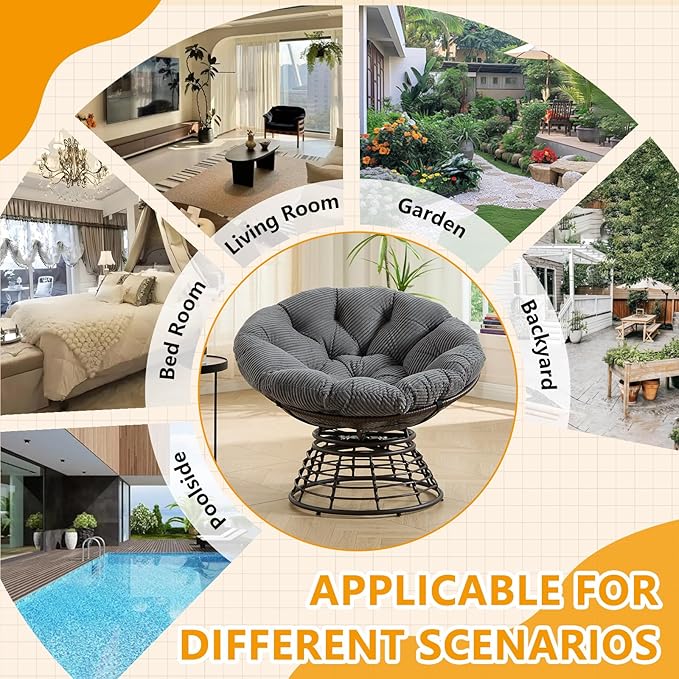 36” Papasan Chair with Cushion and Frame Oversized Papasan Chairs 360° Swivel Olefin Adjustable Feet Suitable for Living Room Patio Bedroom Indoor/Outdoor (Grey+Corduroy)
