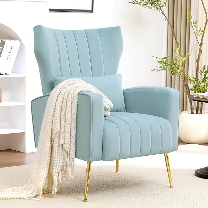 Modern Accent Chair Upholstered Living Room ChairHigh Back Arm Chair with Metal Legs Lumbar Reading Chair for Bedroom Apartment Small Spaces Sky Blue