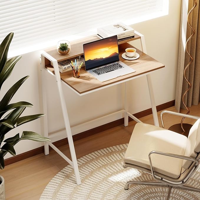 Giantex Small Computer Desk 31.5 Compact Home Office Desk with Monitor Stand &amp Sturdy Frame 2-Tier Space-Saving Study Writing Desk for Small Spaces Apartment and Bedroom (Natural)
