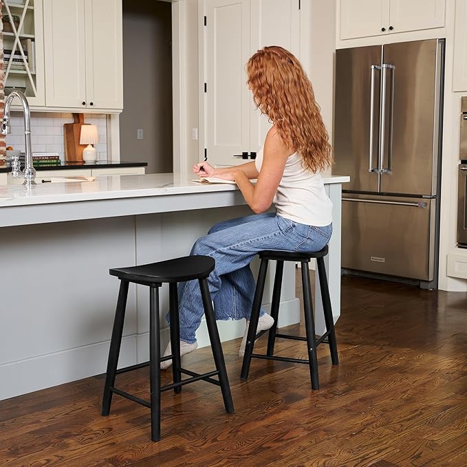 Maven Lane Luna Counter Stool – 26 Inches – Round Stool with Footrest – Black Solid Wood – Space-Saving Design for Kitchen Counters &amp Islands Ideal for Apartments Dorms &amp Compact Living