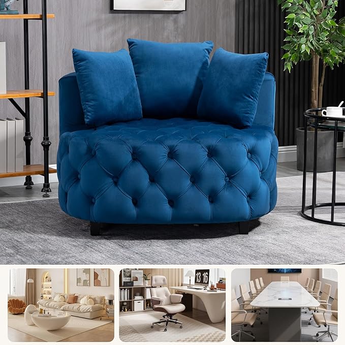 mikibama 40.6'' W Oversized Barrel Chair Blue Accent Chair for Living Room Round Oversized Chair with 3 Pillows Deep Seat Extra Wide Velvet