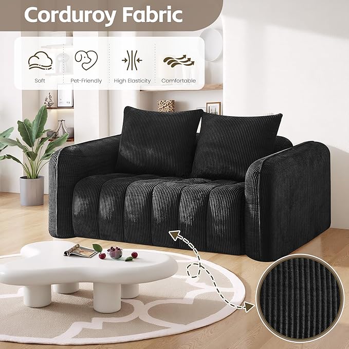 66 Loveseat Sofa Cloud Boneless Couch for Living Room Upholstered Compressed Sofa Deep Seat Corduroy Sofa with 2 Pillows &amp Armrests for Small Spaces for Bedroom Apartment Office Black