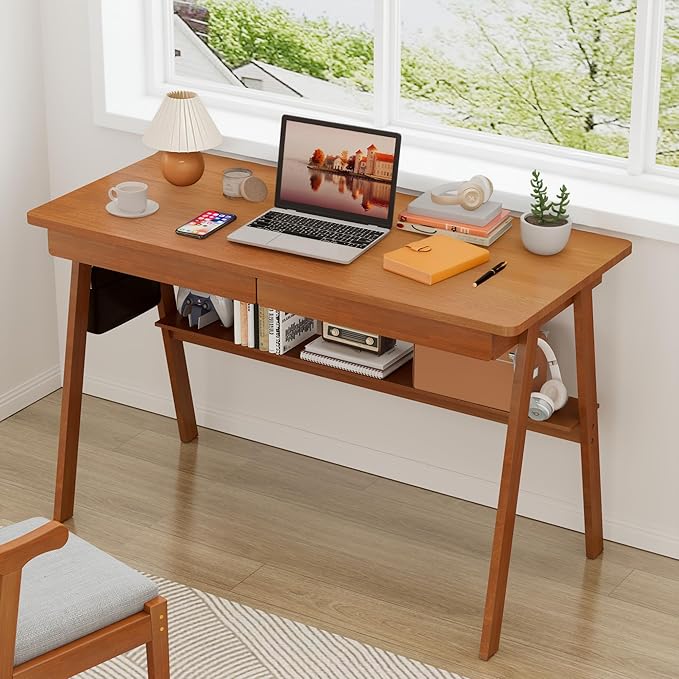 100% Solid Wood Writing Desk - 47.2 Mid Century Modern Desk Home Office Desks with 2 Drawers and Storage Shelf Small Computer Desks Study Makeup Workstation for Bedroom/Living Room Walnut