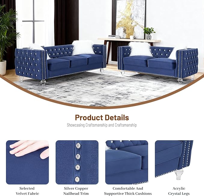Luxury Chesterfiled Sofa Couch Set of 2 for Living Room2PC Modern Diamond Button Tufted Sofas with Acrylic Crystal Legs2 Piece Couches Set with Silver Nailhead Trim (Blue 2PC Sofa Set)