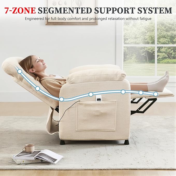 Electric Recliner Chair Power Recliner Sofa with Remote Adjustable Backrest and Side Pocket 7-Zone Support 350 LBS Soft Chenille Fabric Armchair for Living Room Bedroom Off White
