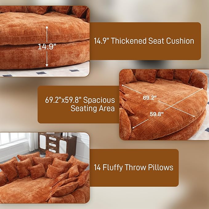 81 Round Sofa Bed Big Bean Bag Round Chaise Lounge Oversized Round Couch Boneless Reading Chair Plush Fluffy Chenille Large Chaise Chair for Living Room Bedroom Apartment Orange