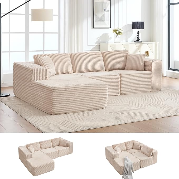 Boneless L-Shaped Modular Sectional Sofa 107 Modern Corduroy Upholstery Couch with Chaise for Living Room 3-Seater L Cloud Couches with Deep Seat No Assembly Left Facing Chaise Beige