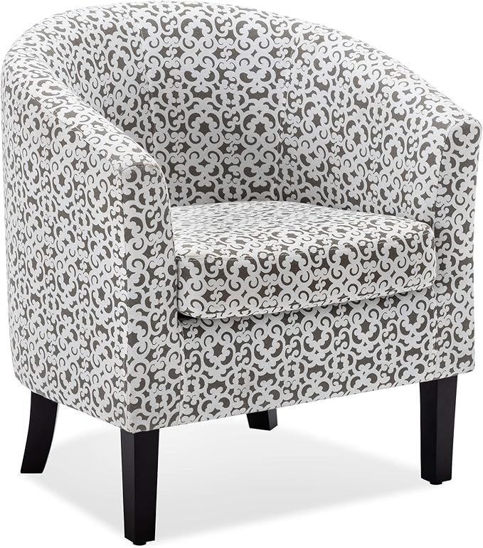 BELLEZE Accent Barrel Chair Linen Round Chair Club Tub Sofa Corner Chair with Flared Legs and Cozy Soft Padding for Living Room Bedroom Waiting Room - White &amp Brown