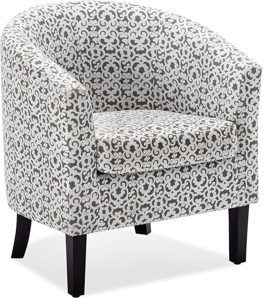 BELLEZE Accent Barrel Chair Linen Round Chair Club Tub Sofa Corner Chair with Flared Legs and Cozy Soft Padding for Living Room Bedroom Waiting Room - White &amp Brown
