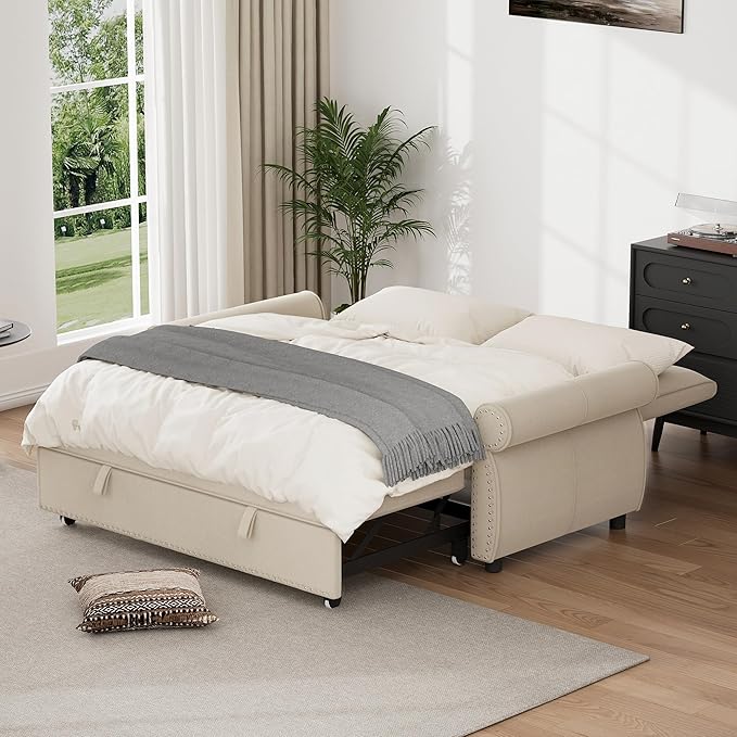 3 in 1 Sofa Bed 61 Inch Convertible Pull out Couch with Four Pillows Loveseat Sleeper Sofa with Adjustable Backrest Sofa Couches for Living Room Bedroom Apartment Chenille Fabric Beige