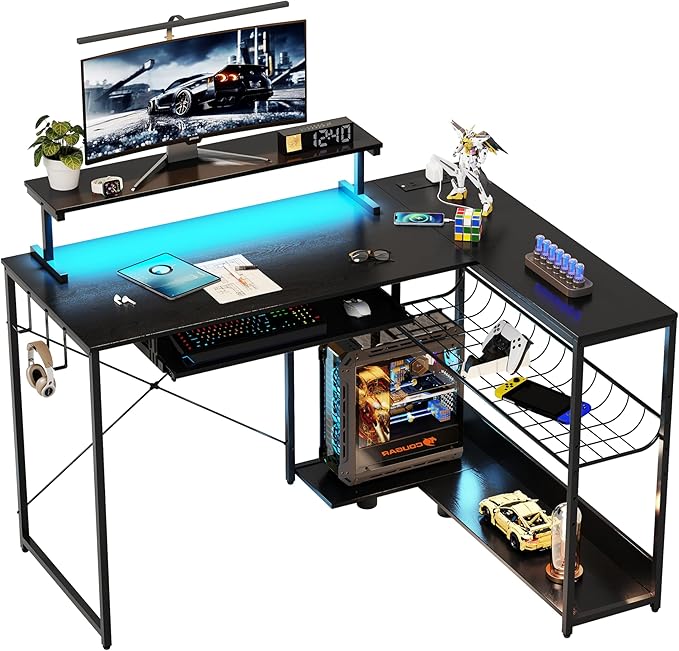 L Shaped Gaming Desk with Power Outlets &amp RGB Lights 46'' L- Shaped Desk Computer Corner Desk with Monitor Stand &amp Storage Shelf &amp Hook Home Office Desk Writing Desk Black