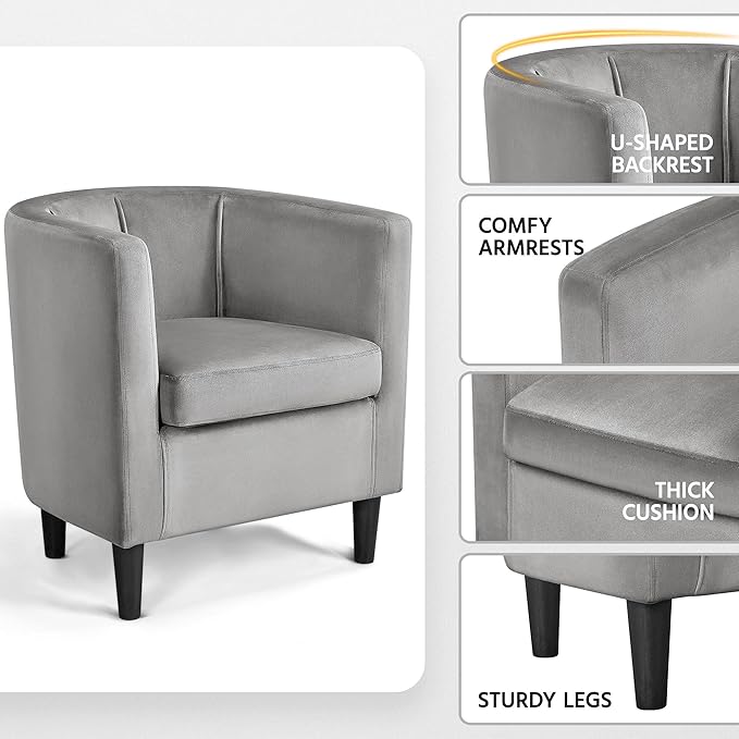 Yaheetech Accent Chair Modern Velvet Armchairs with Big Ample Seat Half Rounded Back Cozy Upholstered Barrel Sofa Chair for Living Room Bedroom Waiting Room Gray