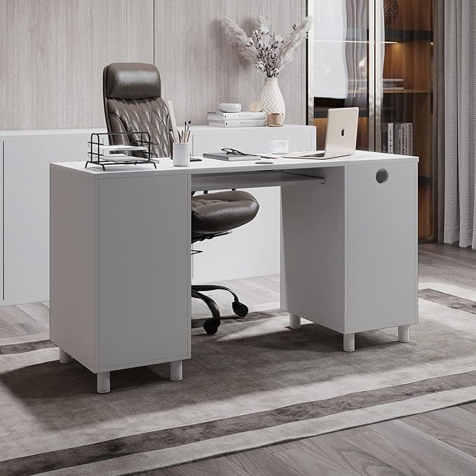 Modern Design Venice Computer Office Desk with 3 Locking Drawers and Storage Cabinet 53 Inch Home and Office Executive White Desk with Keyboard Tray by Crafts and Comfort