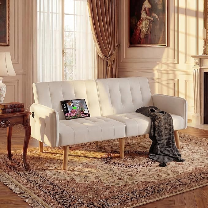 TYBOATLE Modern White Faux Leather Upholstered Convertible USB Folding Futon Sofa Bed 65 Couch Love Seats Furniture for Small Space Configuration Apartment Dorm Living Room Office
