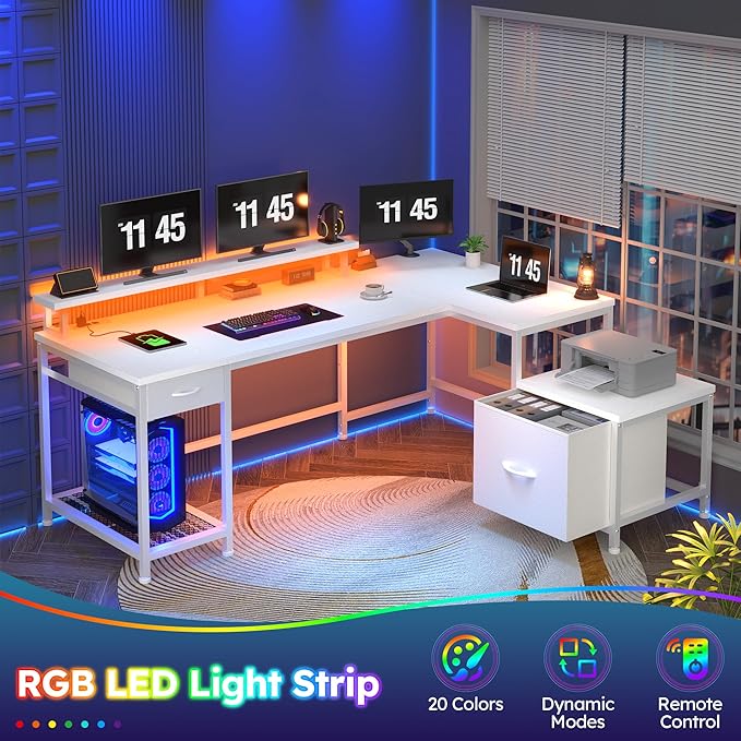 96.5'' Computer Desk with Drawers Gaming Desk with LED Lights &amp Monitor Shelf Office Desks with Power Outlets L Shaped White Corner Desks for Home Office Study Room and Bedroom White