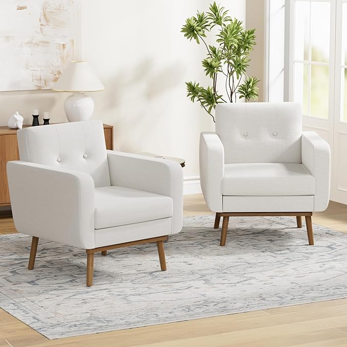 HUIMO Fabric Accent Chairs Set of 2 Button Tufted Living Room Chairs Easy to Install Mid Century Modern Chair Upholstered Arm Chair for Living Room Bedroom Study Office (White)