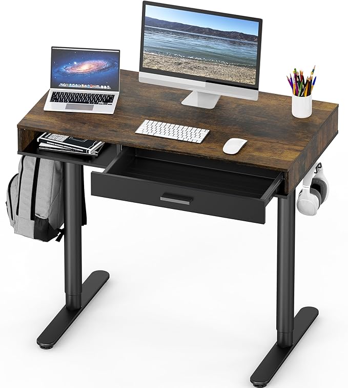 SHW 40-Inch Height Adjustable Claire Electric Standing Desk with Drawer Rustic Brown
