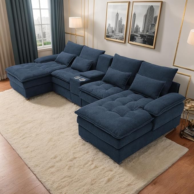 130 U-Shaped Modular Sectional Sofa Oversized Cloud Couches with Storage Console &amp Cup Holders Linen Sofa with Chaise/Pillows 6-Seater Deep Seat Couches for Living Room (Blue) | Breathable mat