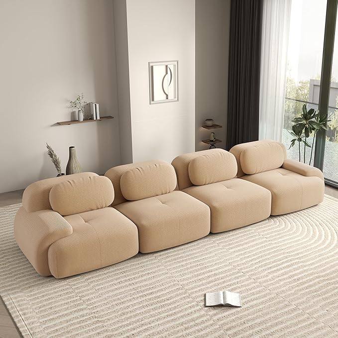 152.7 Inch Modular Sectional Sofa 4-Seater Cloud Couch with Deep Seat Boneless Couch with Pillows for Living Room Apartment Camel