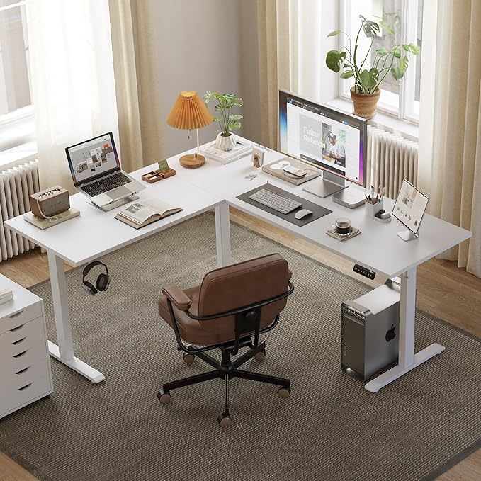 Agilestic L Shaped Standing Desk Adjustable Height Electric Corner Standing Desk 63 x 55 inch Sit Stand Computer Table with Splice Board White