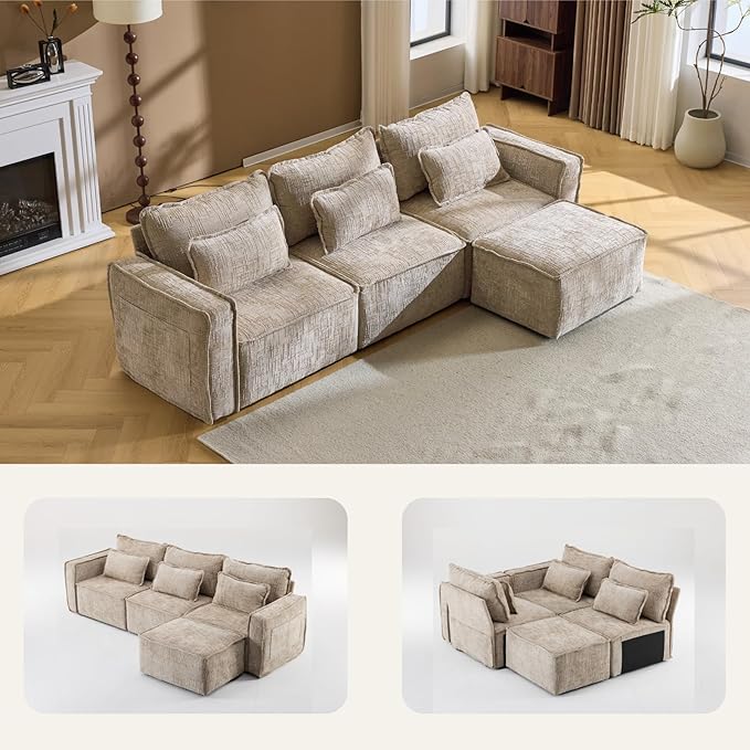 Karl home 110 Cloud Sectional Couches with Moveable Ottoman 3 Seat Boneless Modular Sofa Set L-Shape Convertible Couche with Chenille Upholstery for Living Room Apartment Studio Khaki