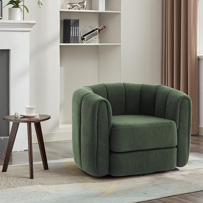 Swivel Accent Chair for Livingroom Teddy Fabric 360 Degree Round Swivel Barrel Armchair Wide Upholstered for Living Room Bedroom Reading Waitingroom (Green+Dark Green)