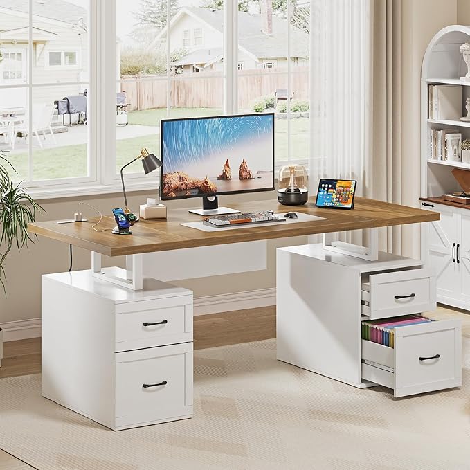 Farmhouse Desk with Drawers &amp Power Outlet White Home Office Desk with Adjustable File Organizer 71 Executive Desk with Storage Computer Desk with Privacy Panel