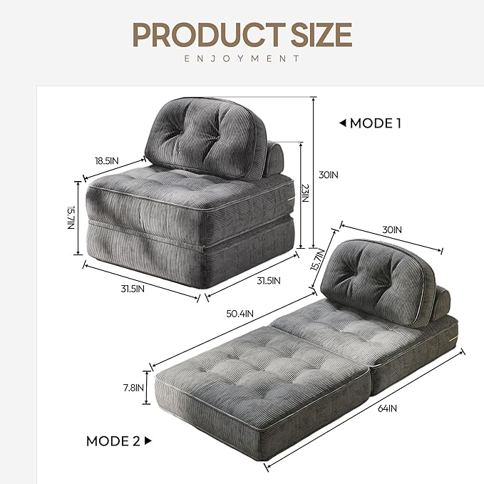 Dowinx Folding Sofa Bed with Pillow Small Convertible Comfy Couch Bed for Adults Home Lounge and Gaming Modern Comfortable Design for Apartment Living Room Bedroom Ribbed Velvet Gray