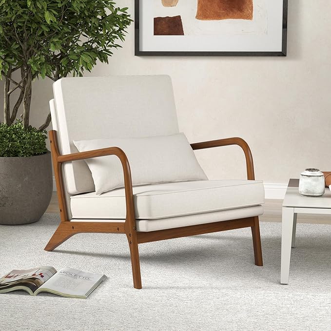 Giantex Mid Century Modern Accent Chair Upholstered Armchair with Pillow Rubber Wood Armrests &amp Legs Removable Back &amp Seat Cushions Comfy Reading Chair for Living Room Bedroom Beige