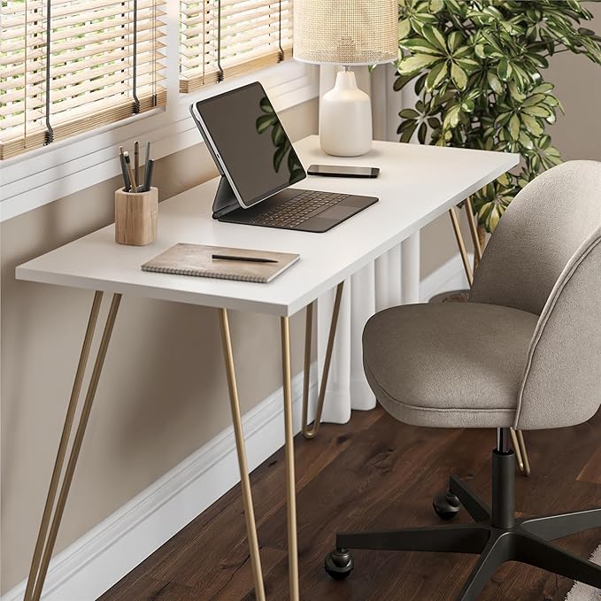Writing Desk White and Gold - Minimalist Industrial Hairpin Leg Desk Sturdy Engineered Wood Desktop Compact Home Office Study Table Laptop Workstation