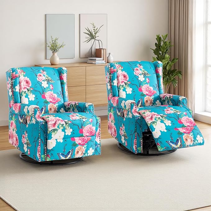 Swivel Rocker Recliner Chair Manual Nursery Glider Recliner Floral Fabric Wingback Accent Chair with Adjustable Backrest &amp Footrest for Small Spaces Living Room Bedroom (Peacock Blue Set of 2)