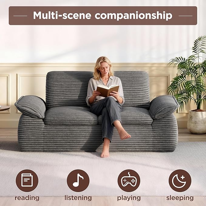 71 Cloud Boneless Couch Loveseat Sofa with Deep Seat Memory Foam Small 2 Seater Corduroy Couch in A Box No Assembly Compressed Sofa for Living Room Bedroom Apartment Dark Grey