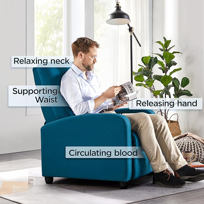 Yaheetech Home Theater Seating Fabric Recliner Chair Modern Single Living Room Reclining Sofa with Pocket Spring Blue