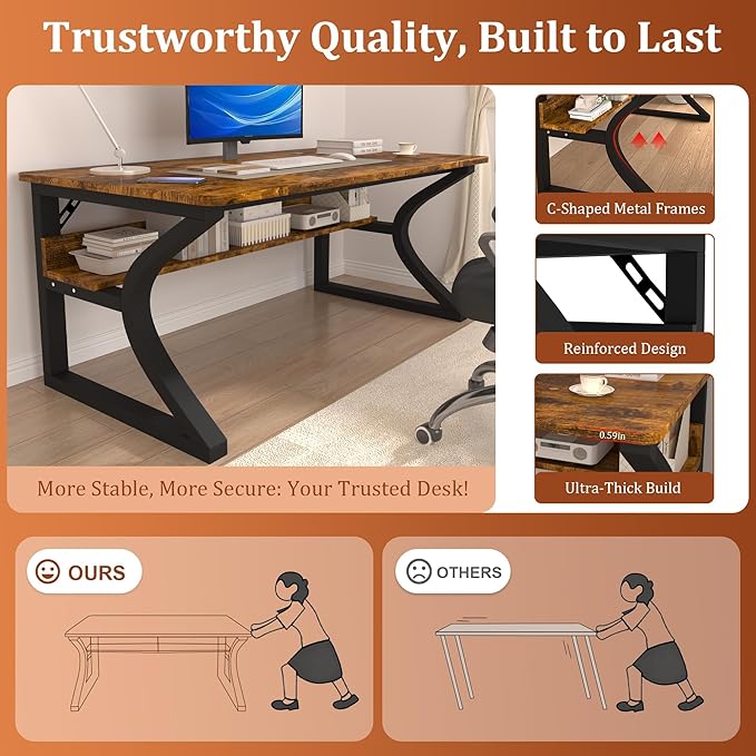 Computer Desk 47'' Computer Desk Home Office Desks w/Storage Shelves &amp U Shaped Metal Frame Study Writing Desk w/Cable Management Deeper &amp Thicker Desktop Table for Home Office