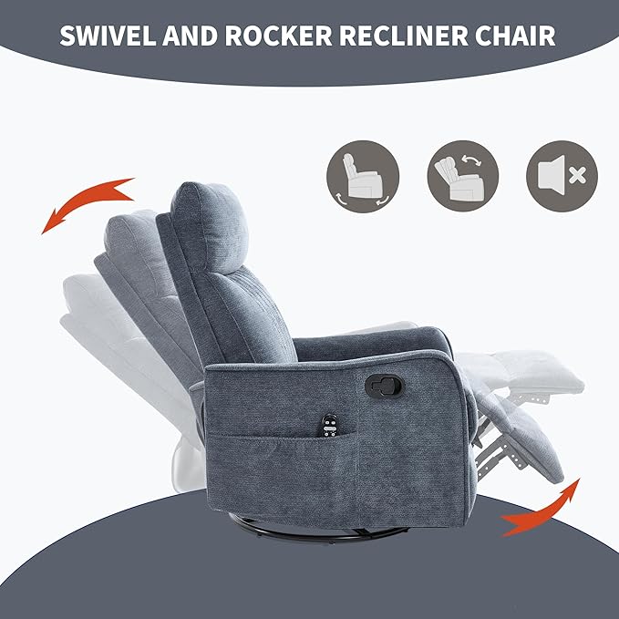 High Back Massage Recliner with Heat - Swivel Rocking Chair for Small Spaces Manual Lazy Boy Recliner for Adults Perfect for Living Room &amp Bedroom Soft Fabric (Blue)