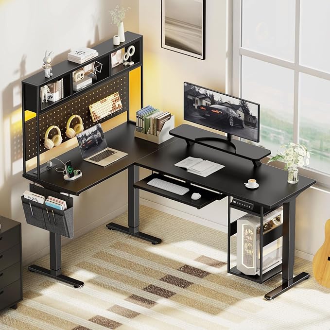 Flycity Electric L Shaped Standing Desk Adjustable Height 67 x 47 Corner Computer Desk with Host Shelf Gaming Desk with LED Lights &amp Power Outlet Dual Motor Home Office Desk with Storage Bla