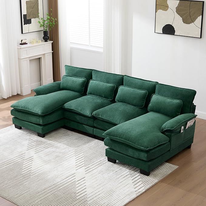 U Shape Sectional Sofa Cloud Couch 107.9 Modern Chenille Comfy Modular Sofa 4 Seat Upholstery Sleeper Sofa with Double Chaise for Living Room Emerald Green