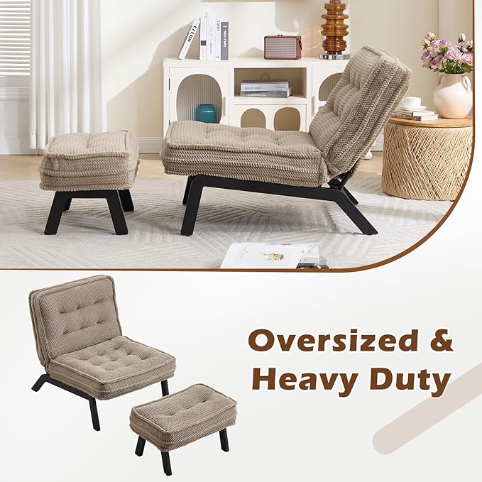 ANJ Accent Chair with Ottoman Adjustable Backrest Khaki Living Room Chair Tufted Upholstered Lounge Chair with Footrest Set Modern Chair Cozy Reclining Chair for Reading Room Bedroom