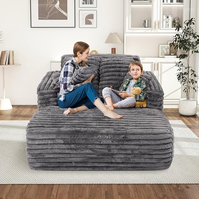 Chaise Lounge Chair Indoor Comfy Corduroy Plush Fluffy Foam Floor Compressed Sofa Chair Leisure Reading Single Sleeper Chaise Chair for Living Room Bedroom Office Pillows Included (Grey)