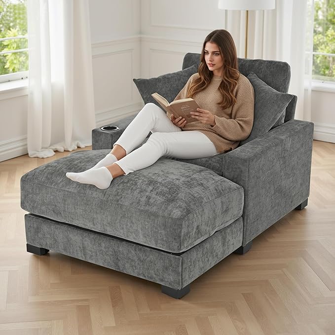 41 Inches Chaise Lounge Indoor Comfy Reading Chair with 2 PillowsUSB Charger Cup Holder Adjustable Backrest Sofa Bed Lazy Chair Sleeper Couch for Apartment Grey Polyester