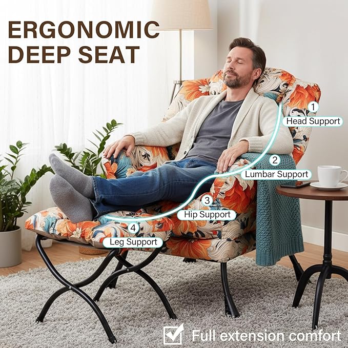 Welnow Lazy Chair with Ottoman Modern Accent Chair with Armrests and a Side Pocket Leisure Sofa Armchair Set Reading Armchair with Footrest for Small Space Orange Blue