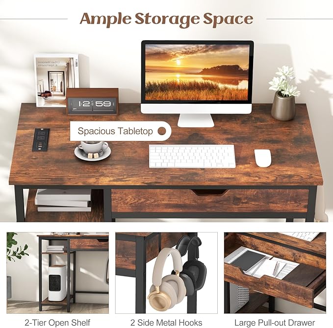 Giantex Computer Desk with Drawers and Power Outlets Industrial Gaming Desk Computer Workstation with Adjustable Storage Shelf Headphone Hooks Study Writing Work Desk for Home Office