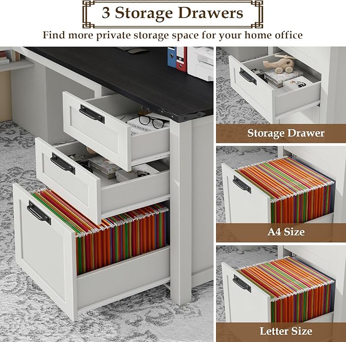 Vabches Wood L Shaped Executive Desk Farmhouse Home Office Desk with Drawers and Under-Desk Storage Shelf Corner Computer Desk with Power Outlets for Home Office Study Bedroom White and Black
