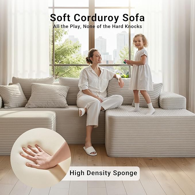 110 Boneless Couch Cloud Couch Sectional U-Shape Corduroy Modular Sectional Sofa Deep Seat Upholstered Couches for Living Room No Assembly Required Black