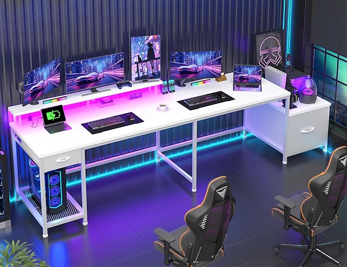 96.5'' Computer Desk with Drawers Gaming Desk with LED Lights &amp Monitor Shelf Office Desks with Power Outlets L Shaped White Corner Desks for Home Office Study Room and Bedroom White