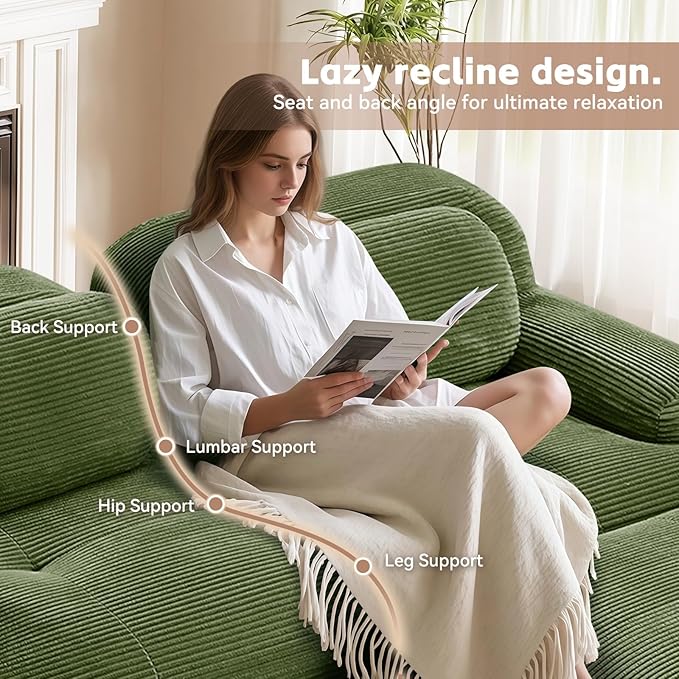117.3 L Shaped Sectional Cloud Sofa Couch Corduroy Modern Memory Foam Boneless Modular Couches Chaise for Living Room Bedroom(3-Seater&amp2 OttomanGreen)